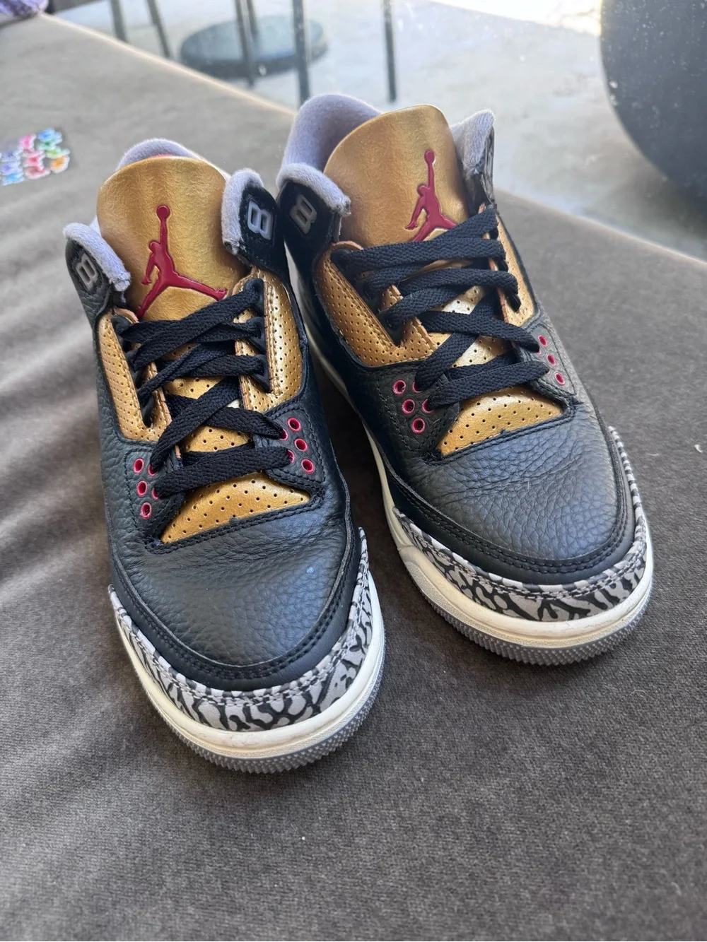Jordan Air Jordan 3 Sneakers - Black, Gold & Red Accents size 6 women or 4.5 kid
